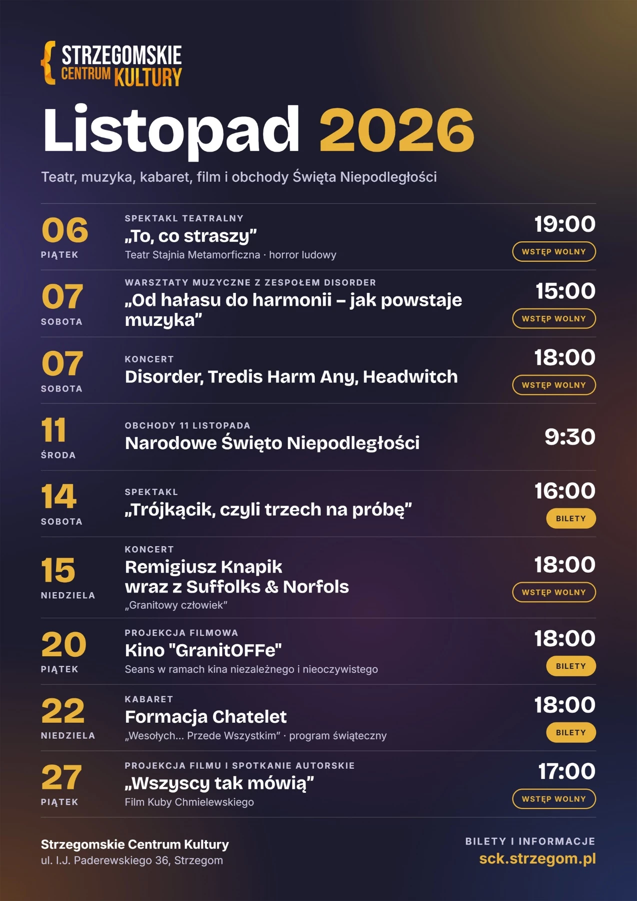 Listopad w SCK. Teatr, koncerty, kabaret i kino