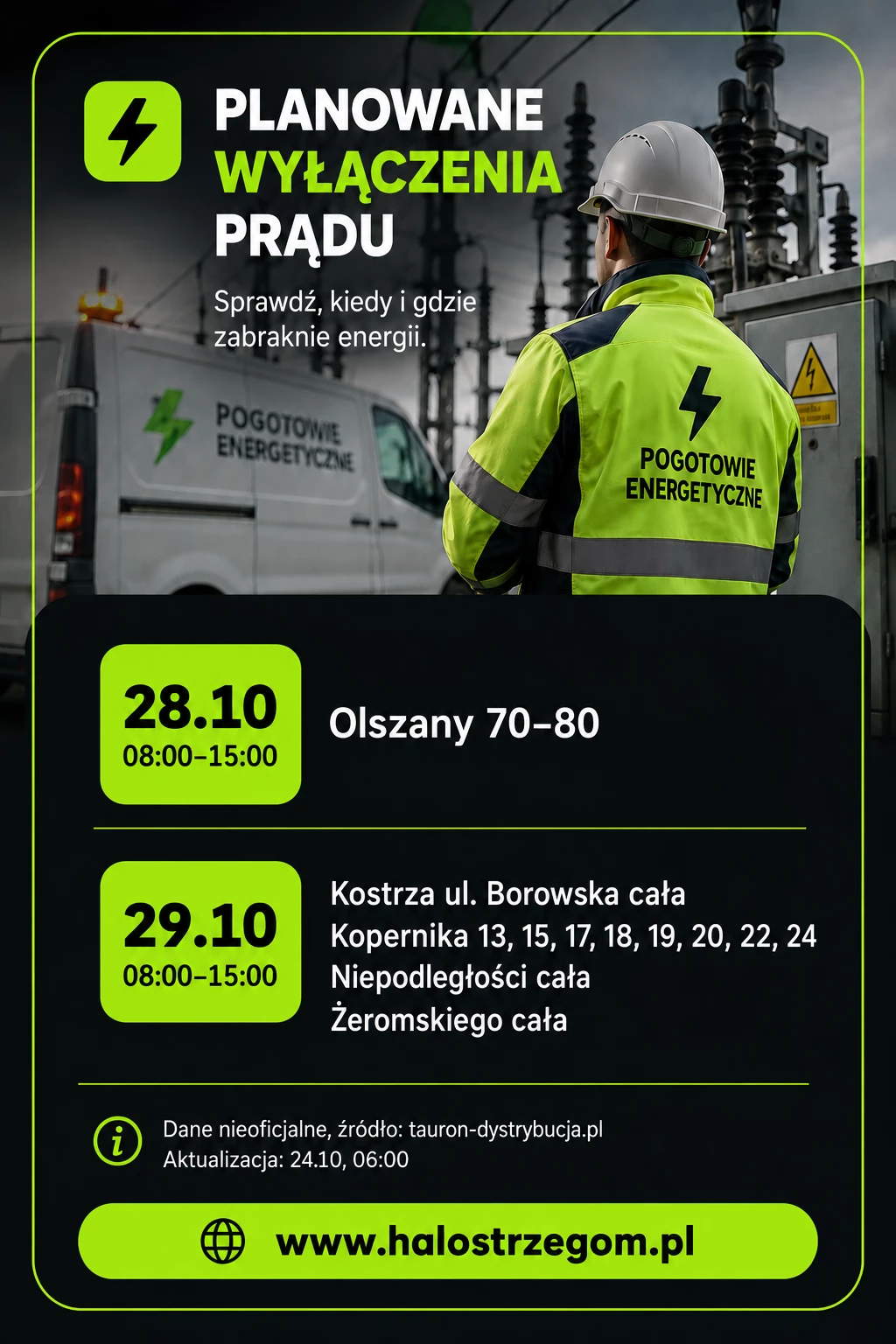 Olszany i Kostrza. Planowane wyłączenia prądu 28-29 października